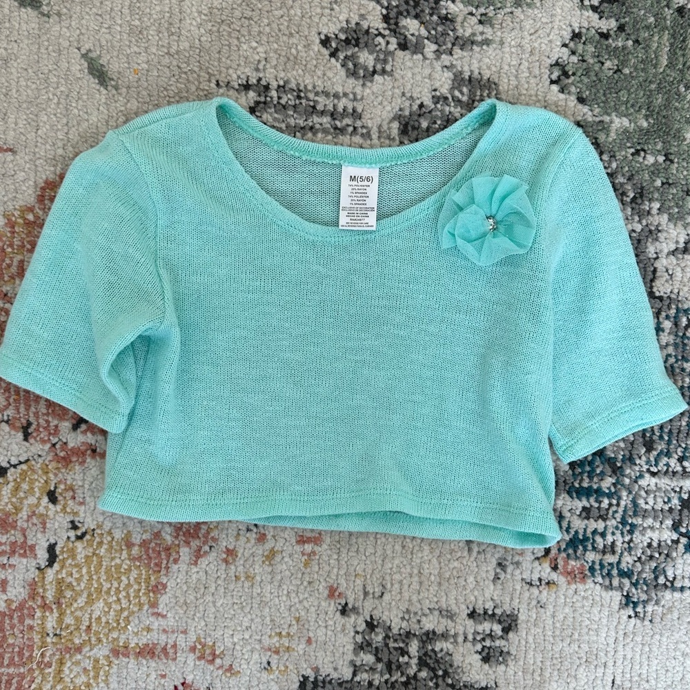 Y2K Girls 5/6 Pullover Cropped Aqua Sweater Blouse Like New